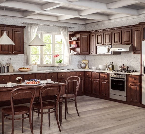 elegant brown wood custom kitchen with table and chairs