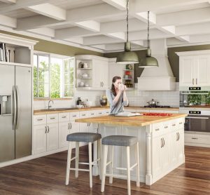 homey white custom kitchen cabinets with light wood contertop