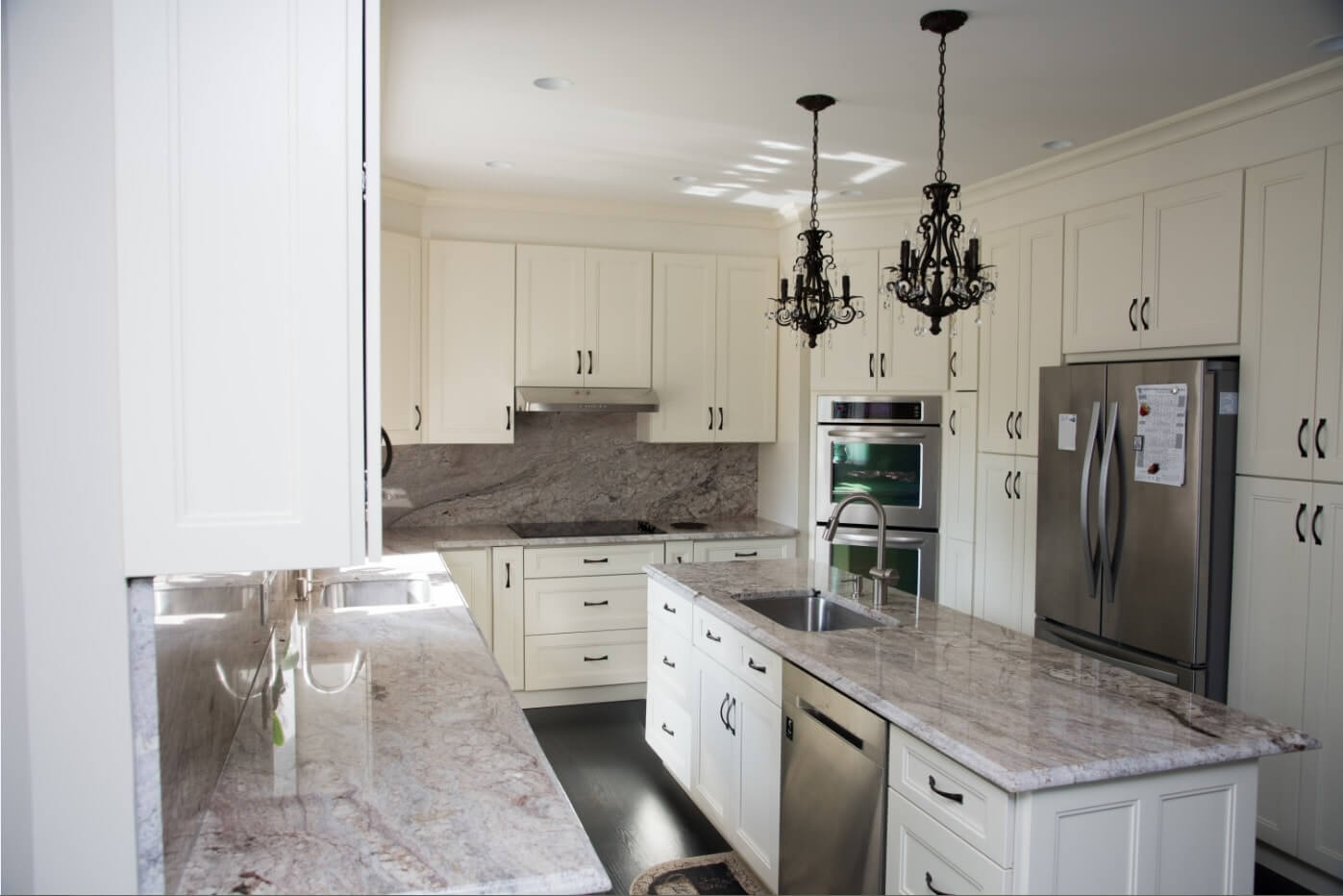 fashion pearl white cabinets with island and marble counter