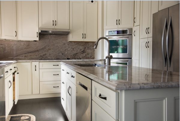 fashion pearl white cabinets with island and marble counter